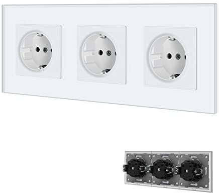 BSEED Enchufe de pared con Panel de cristal,Blanco Triple Schuko Enchufe con clips,16A 250V Tomas de corriente empotradas,Enchufe de pared aplicar para Cocina, Dormitorio,Oficina, Hotel, etc