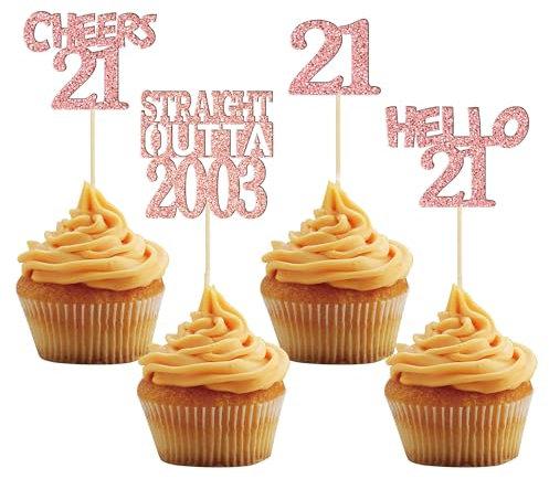 Gyufise 24Pcs Cheers to 21 Years Birthday Cupcake Toppers Glitter Twenty-one Straight Outta 2004 Cupcake Picks Happy 21st Cake Decorations for Happy 21st Birthday Anniversary Party Supplies Rose Gold