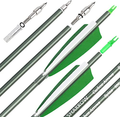 surwolf 31 Carbonpfeile Bogenschießen Jagdpfeile 500 Spine mit Federn Geflochtene Zielübungspfeile für Bogenschießen Compound&Recurve&Langbogen 6/12St. (nur Pfeile, grün, 12 Stück)
