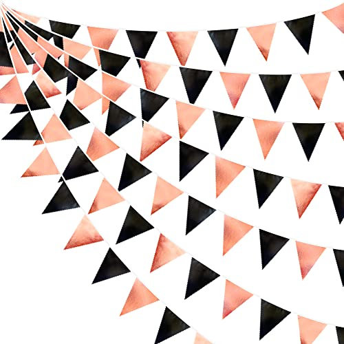 Wimpelkette in Schwarz und Rotgold, dreieckig, Wimpelkette, Flagge, Roségold, Schwarz, Metallic, Stoff, Wimpelkette, Girlande für Abschlussfeier, Geburtstag, Hochzeit, Verlobung,