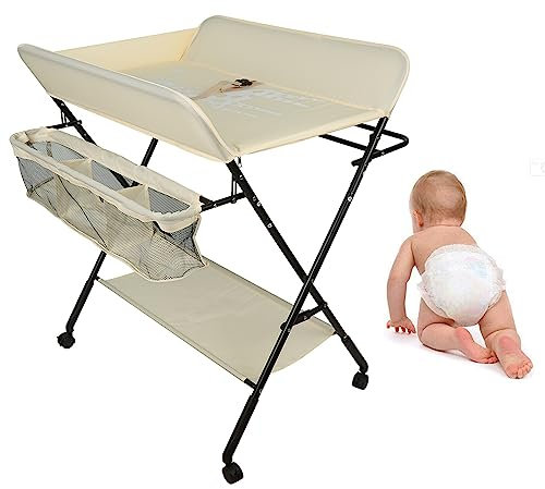 Homewell Baby Wickelkombi Wickelkommode, Mobile Wickeltisch Klappbar, mit Wickelauflage, Sicherheitsgurt, Ablagefächern, süßem Muster und Höhenangabe, Stabil und Bequem (Creme)