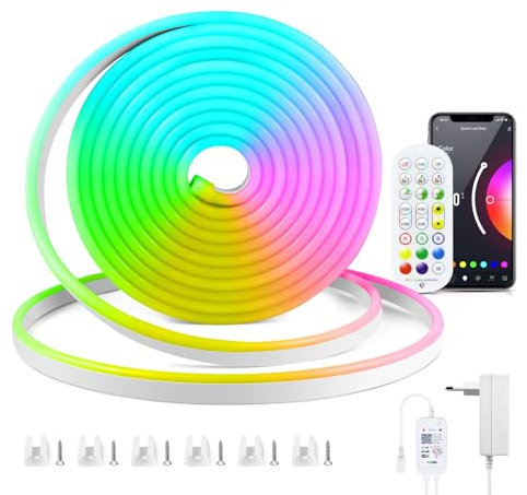 AIMENGTE WiFi Neon Led Strip, 3M 12V IP65 Waterproof Silikon LED Streifen, mit Alexa, Fernbedienung, App-Steuerung, Musik-Sync Funktioniert, Sprach Steuerung, Zeitschaltuhr für DIY, TV