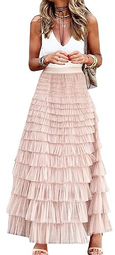 Falda larga de tul para mujer, acampanada, con volantes, de malla, de cintura alta, escalonada, enagua, Rosa, S