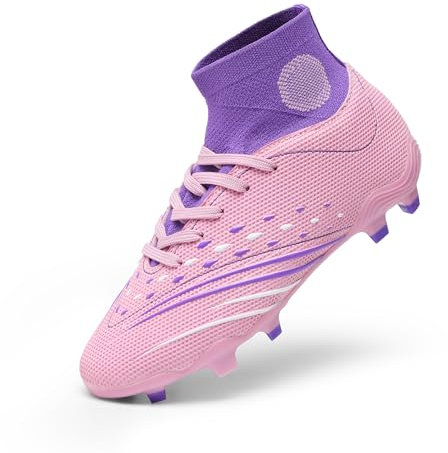 DREAM PAIRS Boys' Football Boots Kids Girls Turf High Top Spikes Non-Slip Junior Soccer Shoes Sports Sneakers for Unisex,Size 1 Big Kid,Pink/Purple,SDSO2411K