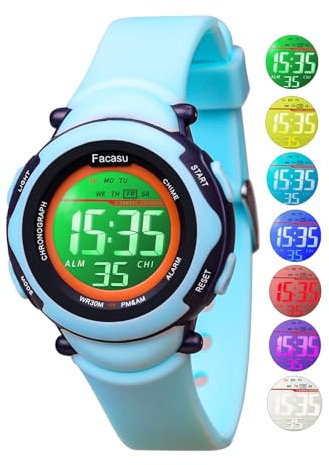 Facasu Kinderuhr Digital für Mädchen Jungen, wasserdichte,Bunt Light,Outdoor Sport Uhren, Einfaches Ablesen Einstellen der Uhrzeit mit Stoppwatch Alarm für Kinder im Alter von 4–15 Jahren (Blau)