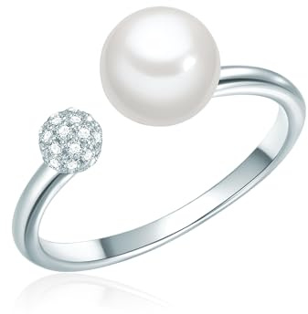 Valero Pearls Damen-Ring 925/-Sterling Silber Süßwasser-Zuchtperle Rund 7 mm weiß Zirkonia - Silberring offen mit Süßwasserperle Perlenring