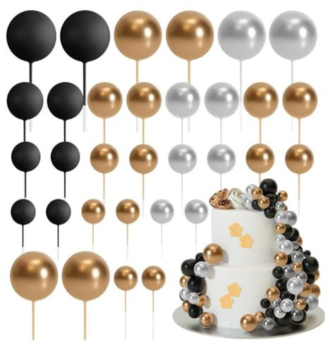 32 Pcs Ball Cake Topper Decorations Balloons Cupcake Topper DIY Cake Insert Topper Foam Cake Balls Cake Decorations for Wedding Anniversary Birthday Cake Decorating (Black,Gold,Silver)
