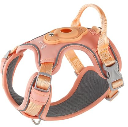 TSPRO Hundegeschirr mit AirTag Halter, Verstellbarer Brustgürtel für Kleine Hunde, mit Komfortablem Griff, Langlebig und Reflektierend für Spaziergänge, Joggen, Training (Orange Größe 1)