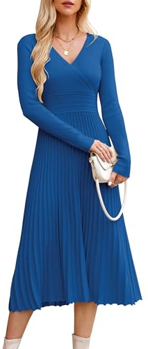 OUGES Strickkleid Damen Herbst Midi Plissee Winterkleider Pulloverkleid | Elegant Langarm Umstandskleider,Herbst/Winter Kleider Damen,V-Ausschnitt Casual Wickelkleid