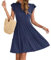 AUSELILY Women Summer Dress V Neck Ruffle Short Sleeve Ladies Dress Wrap Waist Casual Minidress with Pockets Navy Blue S