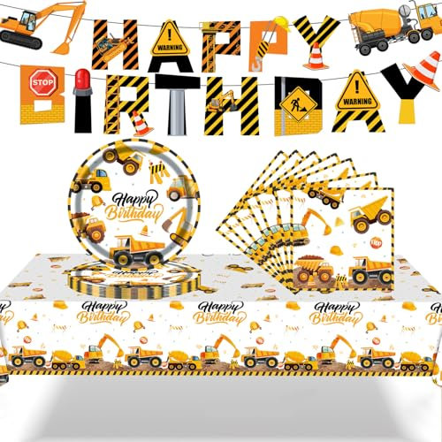 POPOYU 52Pcs Digger Party Tableware Set for Boys, Excavator Birthday Decorations for Kids,Happy Birthday Digger Dinnerware Set with Paper Plates Napkins Tablecloth Banner Party Supplies for 16 Guests