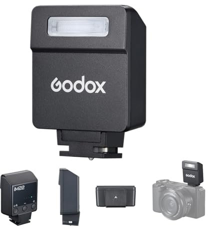Godox iM22 Mini Kamerablitz 5 Leistungsstufen 3s Wiederaufladezeit Aufsteckblitz 440 Blitze mit voller Leistung Einkontaktdesign, Typ-C-Ladeakku für Canon, Nikon und Sony spiegellose Kameras