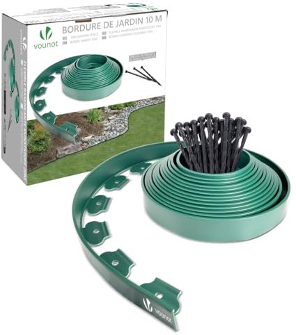 VOUNOT Plastic Lawn Edging Border with 30 Ground Anchors, 10m Flexible Garden Edging Strip for Grass, Paths, Gravel or Flower Beds, Weatherproof Landscape Border, 5cm High, Medium Green