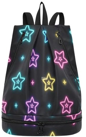 sanluoli Strandtasche mit Kordelzug, neonfarbene Sterne, Strandtasche für Damen, mit Fächern für Nass- und Trocken, Neonfarbene Sterne