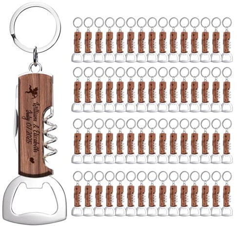 60 Pezzi Apri Bottiglie in Palissandro Personalizzato Multifunzionale, Bomboniere Regalo per Matrimoni e Feste di Compleanno, Portachiavi Apribottiglie Incisi per Ospiti