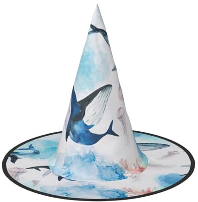 VCzsdff Meerwal und Quallen Druck Cosplay Oxford Tuch Halloween Hut für Halloween-Partys, leichte 33 cm hohe Hexenkappe