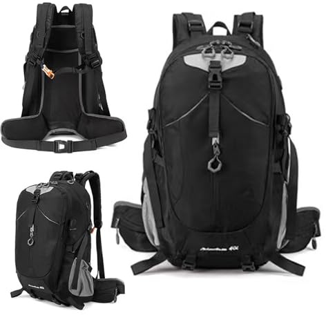 Bergsteigerrucksack, Leichter Rucksack aus Oxford-Gewebe, Wasserdicht, Abnehmbar als Freizeitrucksack, 40L, Inklusive Regenhülle, Geeignet für Outdoor-Aktivitäten, Reisen und Camping, Schwarz