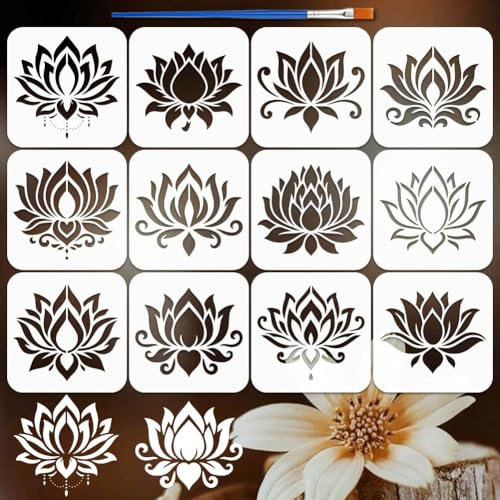 FINGERINSPIRE 12 Stück Lotus Malschablone 15x15cm Mit Pinsel Lotusblumen Schablonenset Wiederverwendbare Wasserlilien Schablone Für Wand Holz Boden Yoga Meditation Heimdekoration DIY Kunst