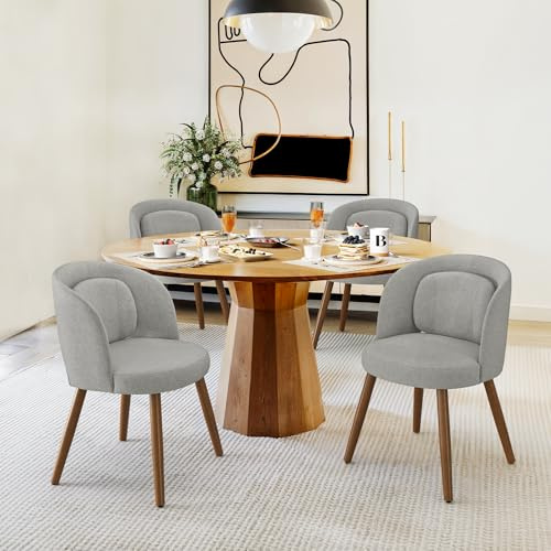 LUE BONA Esszimmerstühle 4er Set, Polsterstuhl mit Lendenkissen & Holzbeinen, Modern Küchenstühle mit gebogener Rückenlehne, Stoff Essstühle für Esszimmer, Küche, Wohnzimmer, Leinen-Optik, Grau