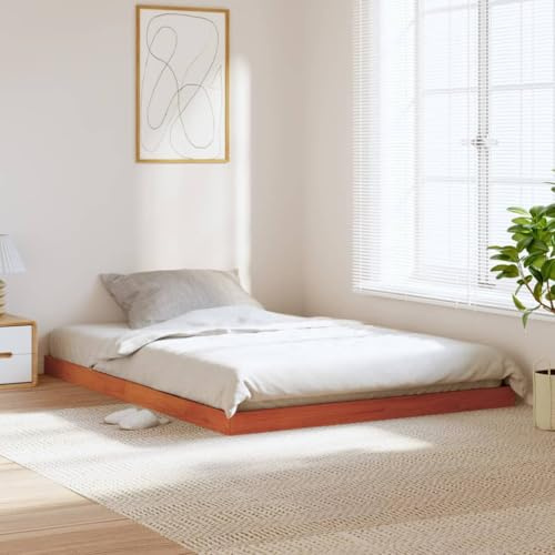 KTHLBRH Solid Wood Pine Bed Frame Without Mattress, Wax Brown Finish, 135x190 cm Double Size, Modern Design with Slats for Support and Breathability, Durable Rustic Charm, Sturdy