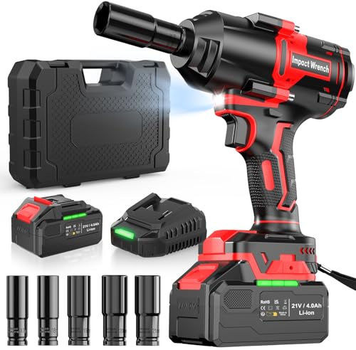 Bamse Cordless Impact Wrench, 1000Nm Brushless, 21V, 4.0Ah Battery | 1000Nm brushless motor, 3 speeds, 1 x 4.0Ah battery, fast charger, 5 sockets and carry case for cars and home us