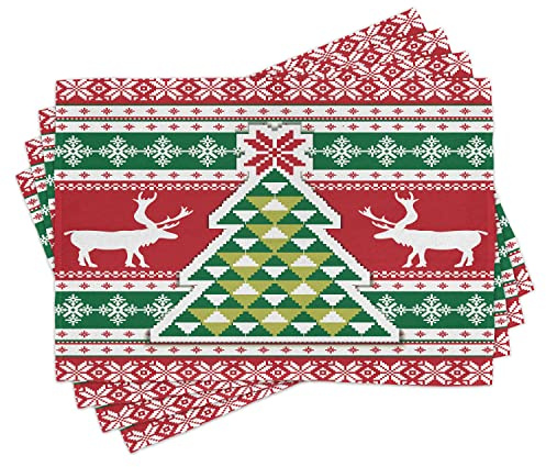 ABAKUHAUS Weihnachten, Platzmatten, Waschbarer Stoff für die Küche und das Esszimmer Tischdeco, Merry Christmas Blumen und Schnee Flocken Motive REH Hirsch Collagen Druck, Weiß und Rot