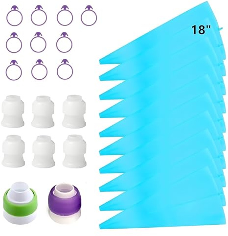 ANSLYQA Pastry Piping Bags Set, 28 Pcs Baking Tools with 10 Pcs (18 Inch) Reusable Silicone Icing Bags, 8 Couplers and 10 Frosting Bag Ties for Cake Cupcake Decorating