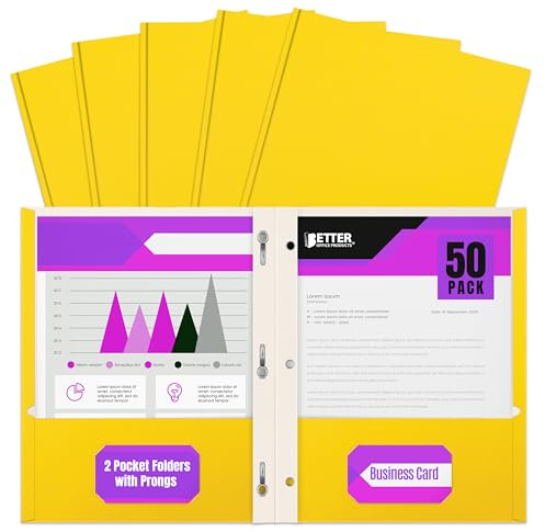 Yellow Paper 2 Pocket Folders with Prongs, 50 Pack, by Better Office Products, Matte Texture, Letter Size Paper Folders, 50 Pack, with 3 Metal Prong Fastener Clips, Yellow