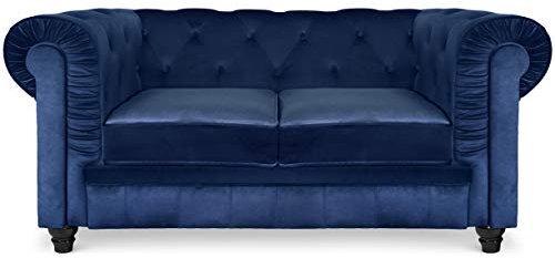 Menzzo Grand Canapé Chesterfield 2-Sitzer Sofa mit Samtbezug Blau