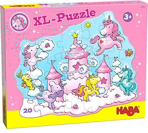 HABA 305467 - Puzzle Einhorn Glitzerglück – Wolkenpuzzelei, Puzzle ab 3 Jahren, 20 Teile mit Einhorn-Motiv und Glitzereffekt zur Übung der Feinmotorik, Farb- und Formzuordnung