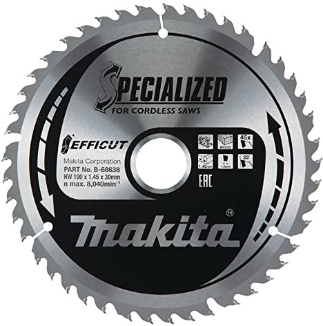 Makita B-68638 EFFICUT Metal Kreissägeblatt Ø 190 x 1,45 x 30 mm, 45 Zähne, 23° Zahnwinkel, für saubere und schnelle Schnitte in Holz, für Akku-Handkreissägen