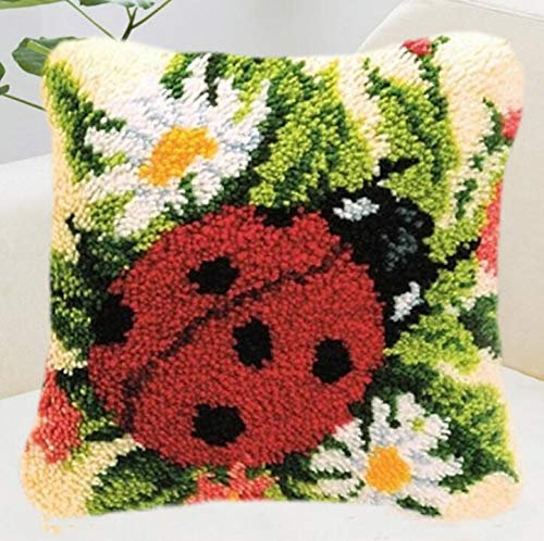 3D Pillow Latch Hook Embroidery Kits DIY Pillow Materials Package Crocheting Rug Yarn Cushion Embroidery Set fit for Beginners Embroidery Kit Pillowcase Cushion (Ladybug)