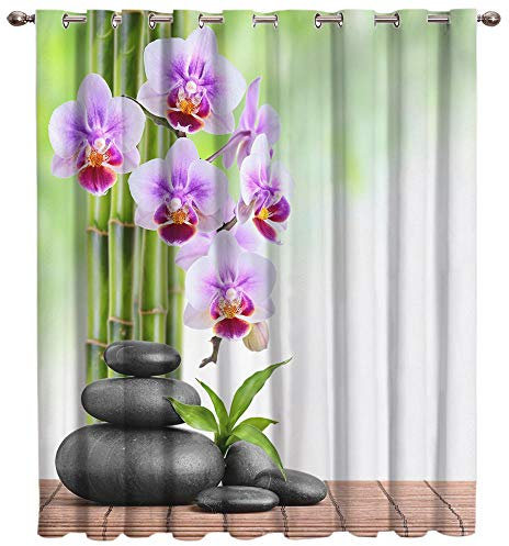 BEDSERG Blickdichte Gardinen Verdunkelungsvorhang mit Ösen Lila Orchidee auf schwarzen Kieselsteinen 100% Polyester Lichtundurchlässige Vorhang für Schlafzimmer Geräuschreduzierung 110x215cmx2 Stücke