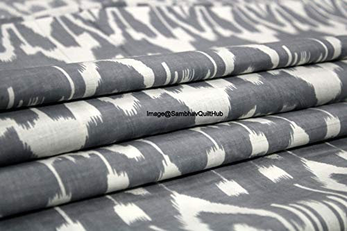 Voile-Handblock-Ikat-Stoff für floralen Ekat-Druck, Baumwolle, Nähen, Basteln, Schneidern, Laufen, natürliche Farbe, Sanganeri, indischer Blumendruckstoff, Meterware, Breite 111,8 cm, Grau, 2,7 m