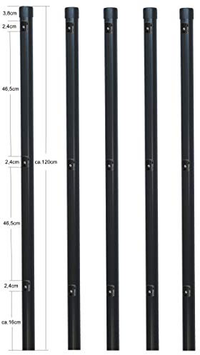 5 Stück Metallpfosten Zaunpfahl aus Metall Ø 34 mm 1200mm lang für 1,0m hohe Metall Zaunanlage aus Maschendrahtzaun in grau anthrazit RAL 7016. Mit 3 vormontierte Spanndrahthalter und Pfostenkappe.