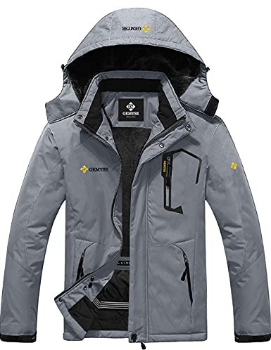 GEMYSE Herren Warme Skijacke Berg Winddicht Wasserdicht Atmungsaktiv Multi-Pocket Outdoor-Winterjacke mit Kapuze(Grau,S)