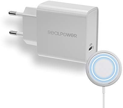 RealPower PC-MagSet Ladeset, 20W PD Ladegerät und 15W kabelloses Ladepad, 2 Meter langes Kabel kompatibel mit MagSafe für iPhone 12/12 Mini/12 Pro/12 Pro Max, iPad Pro, AirPods Pro, und mehr (weiß)