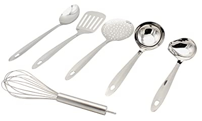 Krüger Edelstahl Küchenhelfer-Set 6-teilig | Kochbesteck mit Aufhängeösen | Aus Edelstahl | 6-teiliges Komplettset | Mit Aufhängeösen | Für Kochen, Braten & Servieren