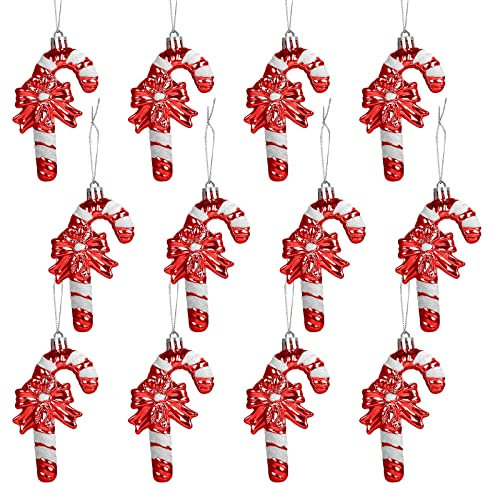 GWHOLE 12 Pcs Candy Cane Christmas Decorations - Red and White Glitter Candy Lane Tree Baubles for Christmas