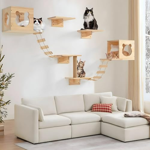 PETKABOO Katzenwand Shleves und Sitzstangen, Kiefernholz Katzenwandmöbel Kletterregale mit Kletterer, Höhle, Kratzbaum, Leiter & Plattform