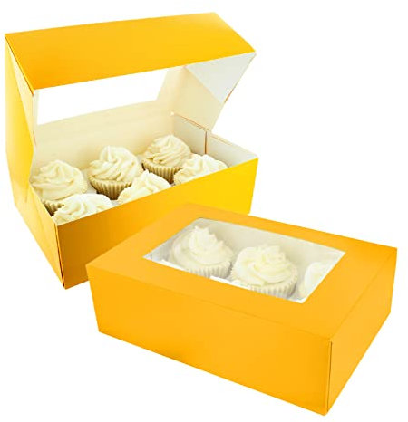 Baked with Love 6/12 Cupcake Box, Twin Pack, Sunflower Cupcake Boxes to Carry Tasty Treats, Includes Dual Insert for 6 Standard Cupcakes or 12 Mini Cupcakes, Pack of 2 Yellow Boxes