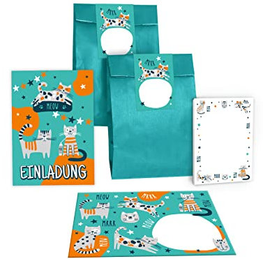 Junapack 12 Einladungskarten zum Kindergeburtstag Geburtstag Mädchen Jungen Katzen incl. 12 Umschläge, 12 Tüten/petrol, 12 Aufkleber, 12 Blöcke