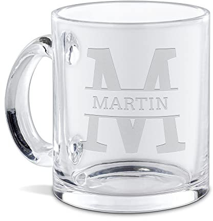 PR Print Royal Personalisierte Glastasse graviert mit Ihrem Anfangsbuchstaben M und Namen - Namenstasse graviert, Geschenkidee, Geburtstagsgeschenk | Lasergravur, Eckige Schrift, 300ml