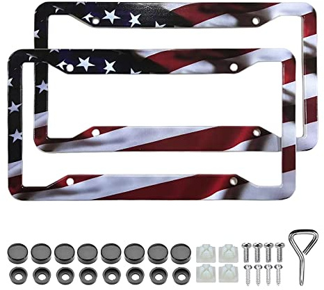 Nummernschild-Rahmenhalter mit amerikanischer Flagge, 2 Stück, universal, Aluminium, matt, Streifen, US-Flagge, glänzend, patriotische Autoschild-Rahmenabdeckungen mit kostenlosen Schrauben,