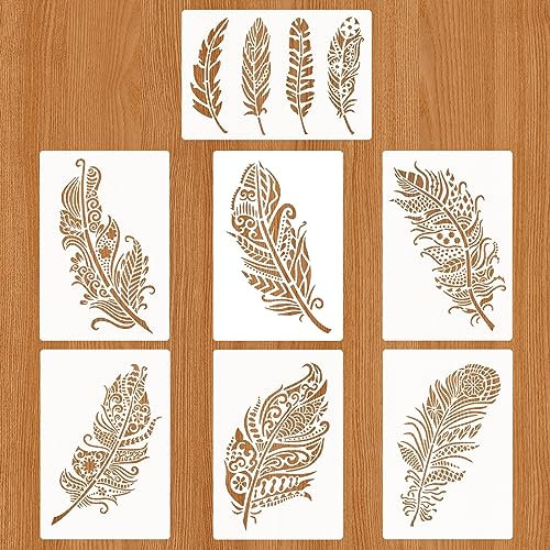 JSRQT 7 Stück Mandala Feather Painting Stencils Wiederverwendbar Schablonen Malen Vintage Stencils for Painting Waschbar Mandala-Feder Schablone DIY Scrapbooks Kunsthandwerk für Malerei Holz Wand Deko