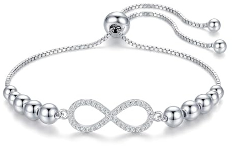 LeCalla 925 Sterling Silver Infinity Bracelets for Women | Cubic Zirconia Heart & Infinity Sliding Bolo Bracelets | Adjustable Sliding Bolo Chain Bracelet Jewelry Gift
