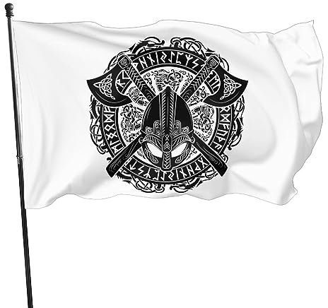 90 x 150 cm, dekorative Hausflagge, Hofbanner, Wikinger, skandinavischer Helm, Äxte, Kranz, Druck, Gartenflaggen, hängende Flagge, Dekoration