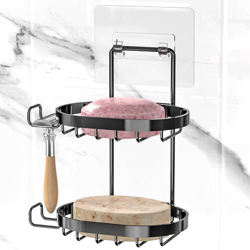 MASADI 2 Tier Soap Dish Holder, Wall Mounted Soap Dish Tray with Drainage, Shampoo Bar Holder Caddy for Shower Wall, Bar Soap Container 304 Rustproof Stainless Steel, Bathroom(Black)