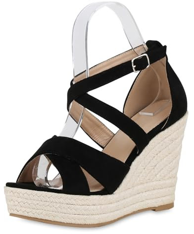 VAN HILL Damen Plateau Sandaletten Keilabsatz Bast Trendy Schuhe 214466 Schwarz 36