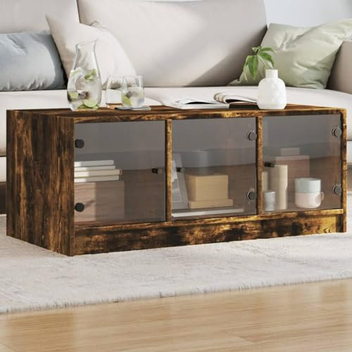 ShGaxin Table Basse avec Portes en Verre chêne fumé 102x50x42 cm,Table Basse Salon,Petite Table Basse,Table Basse Rétro